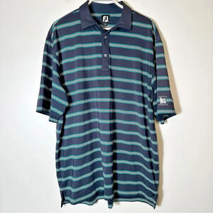 FootJoy Polo Shirt Performance Golf Stretch Striped Navy Blue Green Logo XXL 2XL